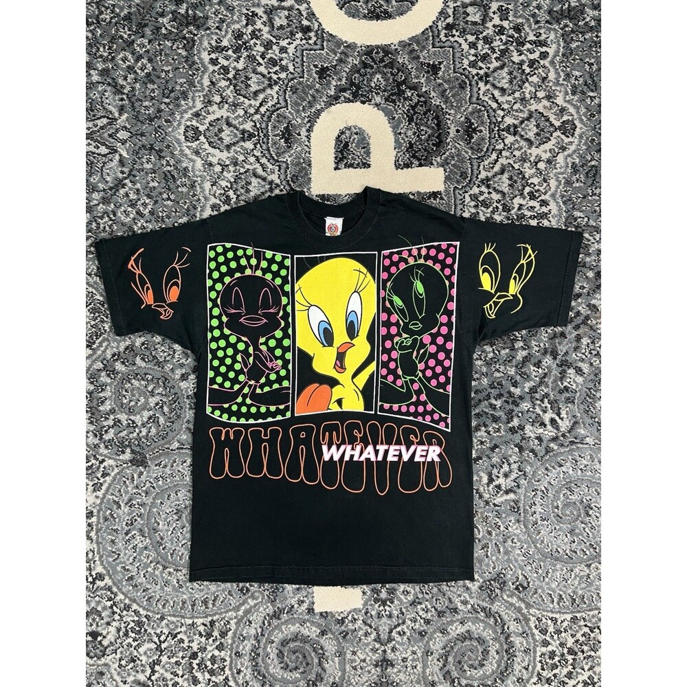 Vintage 90s Looney Tunes Tweety Bird Whatever Tee Shirt 1997 Size Large Black - Picture 1 of 10